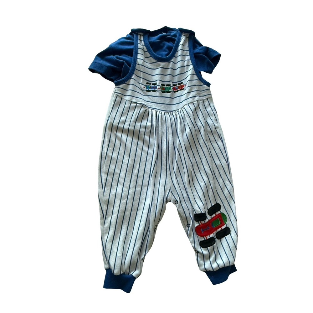 Small Steps sz 24 months one piece romper outfit white blue stripes‎ trains